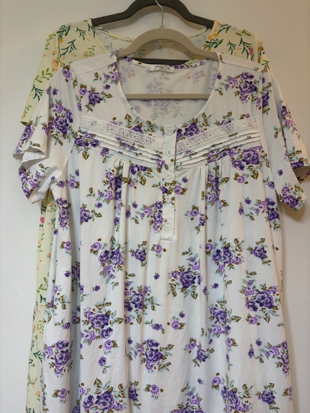 Floral Button-Yoke Nightdress in Cream with Purple Floral -